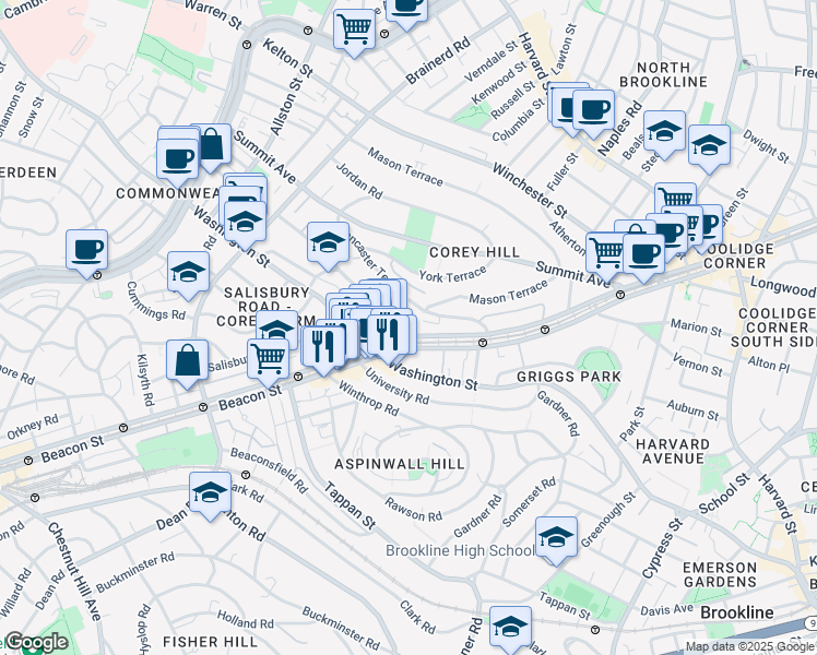 map of restaurants, bars, coffee shops, grocery stores, and more near 1600 Beacon Street in Brookline