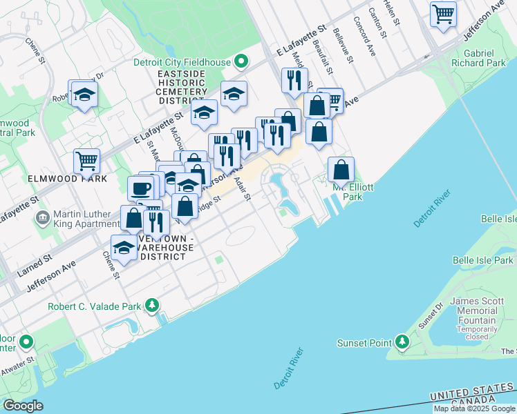 map of restaurants, bars, coffee shops, grocery stores, and more near 3320 Spinnaker Lane in Detroit