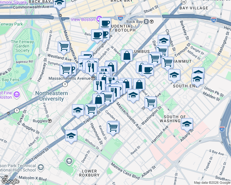 map of restaurants, bars, coffee shops, grocery stores, and more near 212 West Springfield Street in Boston