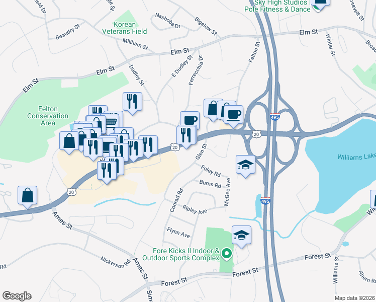 map of restaurants, bars, coffee shops, grocery stores, and more near 44 Boston Post Road West in Marlborough