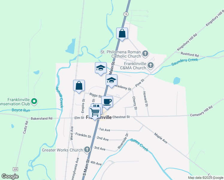 map of restaurants, bars, coffee shops, grocery stores, and more near 31 North Main Street in Franklinville