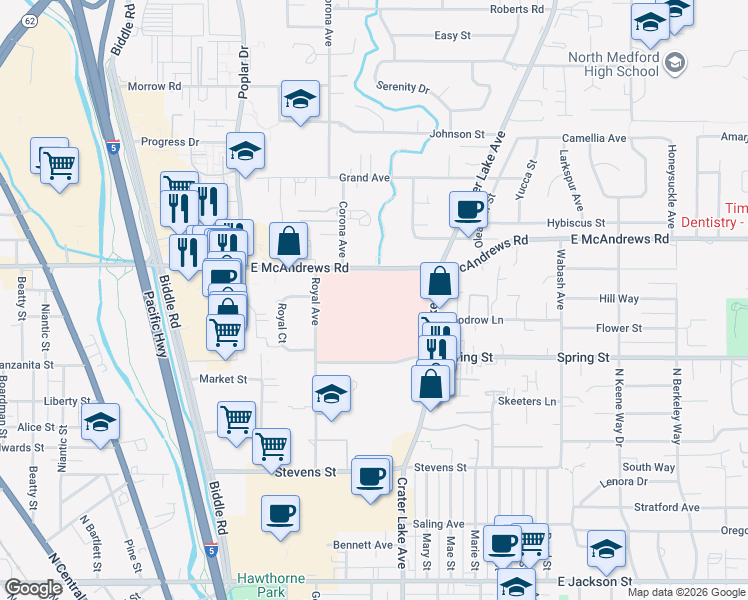 map of restaurants, bars, coffee shops, grocery stores, and more near 1111 Crater Lake Avenue in Medford