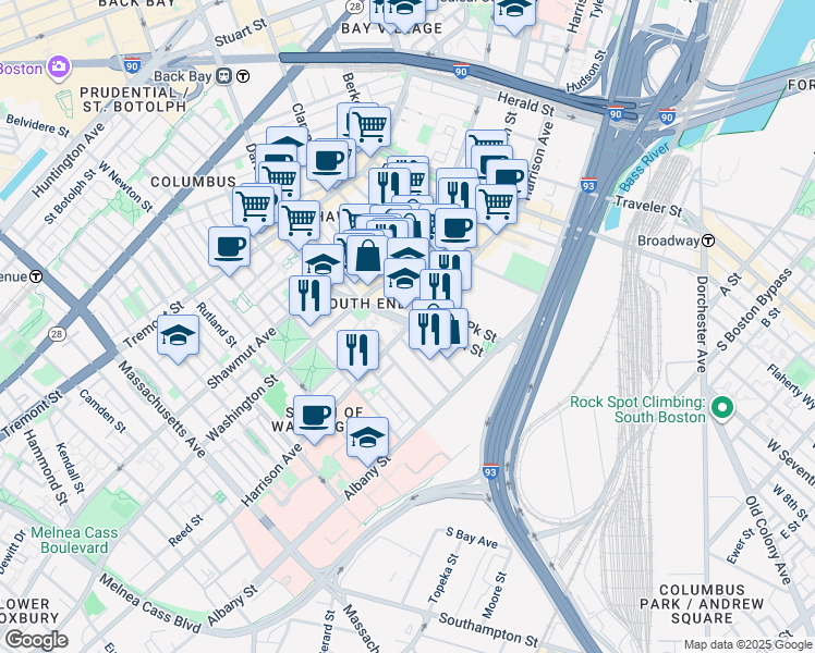 map of restaurants, bars, coffee shops, grocery stores, and more near 599 Harrison Avenue in Boston