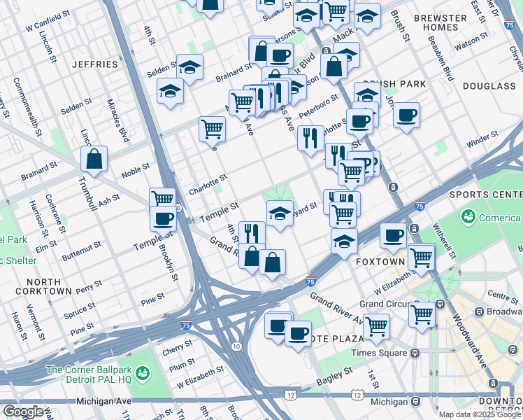 map of restaurants, bars, coffee shops, grocery stores, and more near 2727 2nd Avenue in Detroit