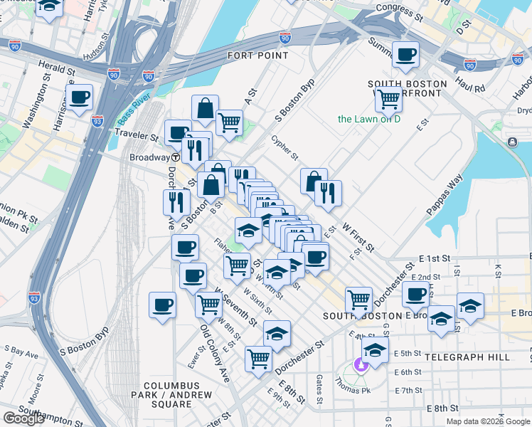 map of restaurants, bars, coffee shops, grocery stores, and more near 166 Athens Street in Boston