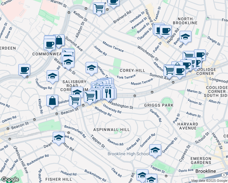map of restaurants, bars, coffee shops, grocery stores, and more near 25 Westbourne Terrace in Brookline