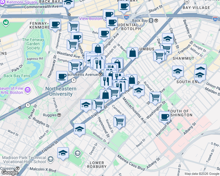 map of restaurants, bars, coffee shops, grocery stores, and more near 586 Columbus Avenue in Boston