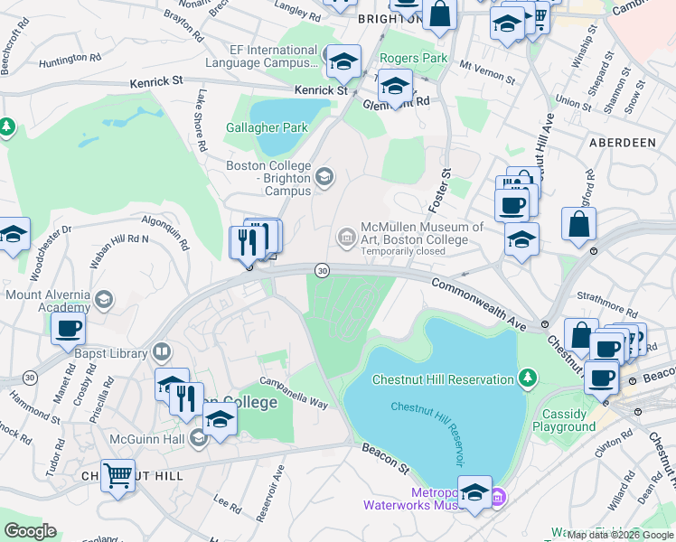 map of restaurants, bars, coffee shops, grocery stores, and more near 2101 Commonwealth Avenue in Boston