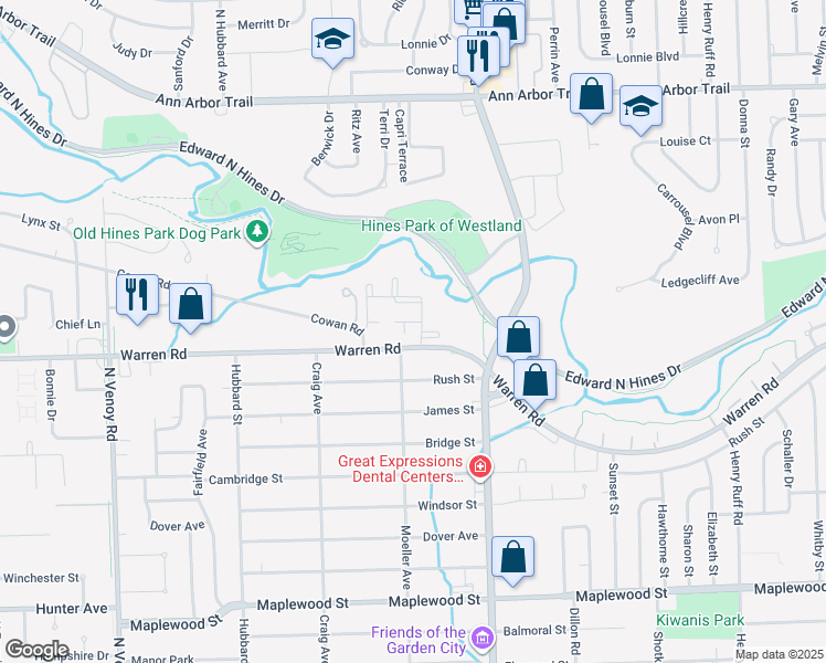 map of restaurants, bars, coffee shops, grocery stores, and more near 31650 Warren Road in Westland