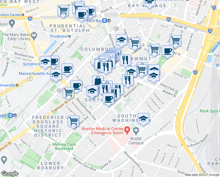 map of restaurants, bars, coffee shops, grocery stores, and more near 60 West Newton Street in Boston