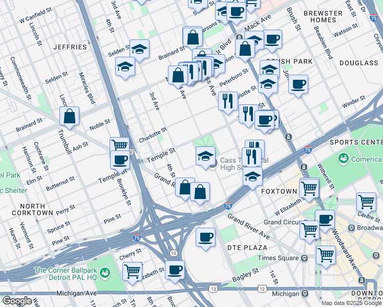 map of restaurants, bars, coffee shops, grocery stores, and more near 2733 2nd Avenue in Detroit