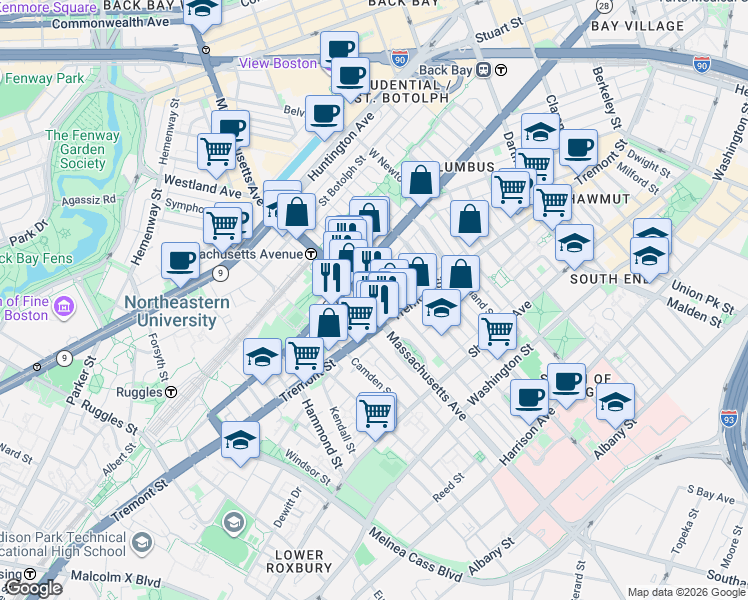 map of restaurants, bars, coffee shops, grocery stores, and more near 212 West Springfield Street in Boston
