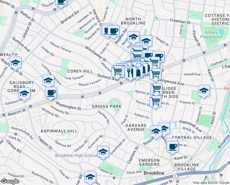 map of restaurants, bars, coffee shops, grocery stores, and more near 1443 Beacon Street in Brookline