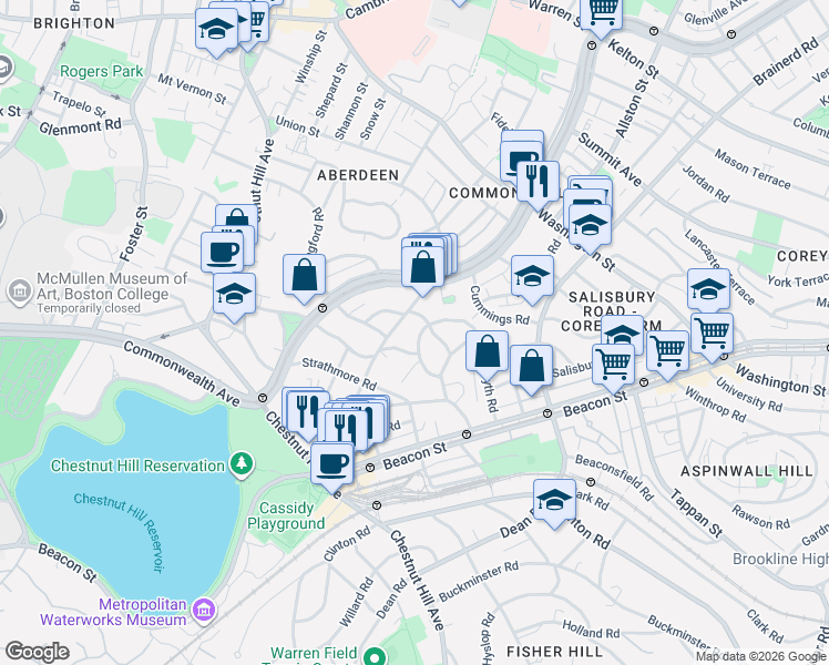 map of restaurants, bars, coffee shops, grocery stores, and more near 132 Sutherland Road in Boston