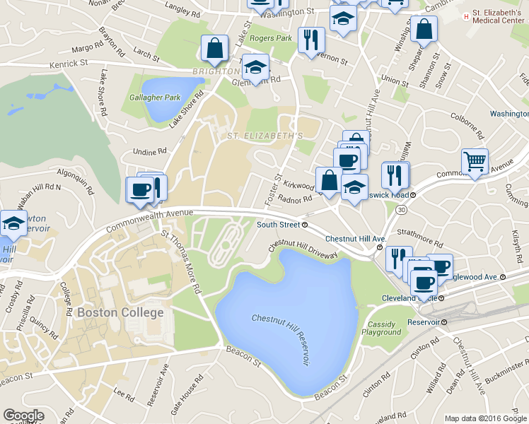 map of restaurants, bars, coffee shops, grocery stores, and more near Commonwealth Avenue & Foster Street in Boston