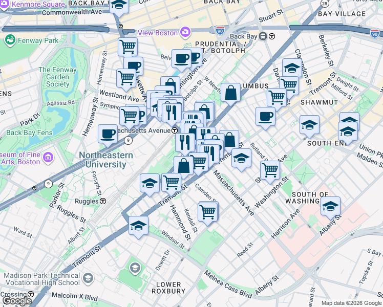 map of restaurants, bars, coffee shops, grocery stores, and more near 586 Columbus Avenue in Boston