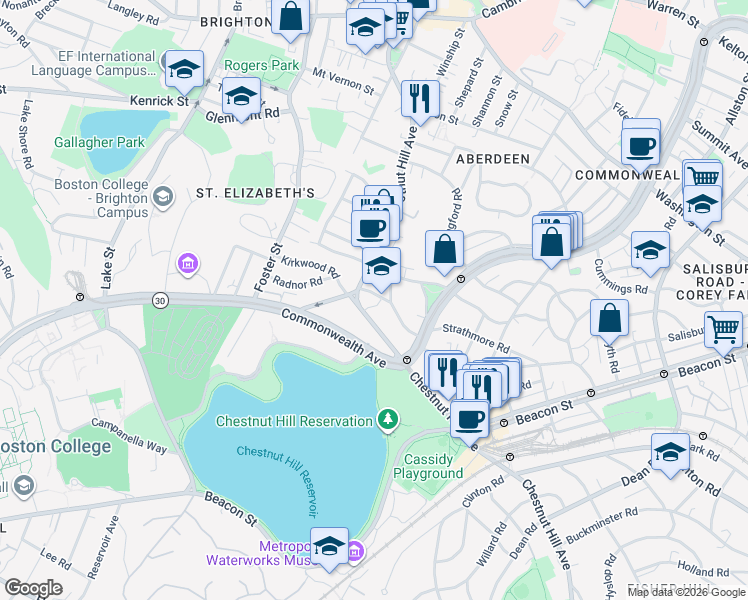 map of restaurants, bars, coffee shops, grocery stores, and more near 194 Strathmore Road in Boston
