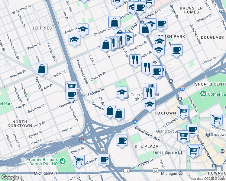 map of restaurants, bars, coffee shops, grocery stores, and more near 2727 2nd Avenue in Detroit
