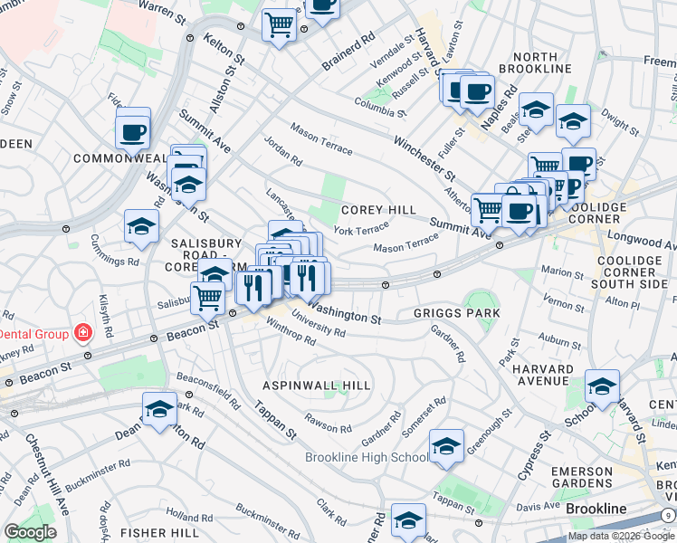 map of restaurants, bars, coffee shops, grocery stores, and more near 5 Mason Terrace in Brookline