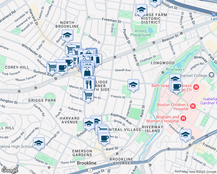 map of restaurants, bars, coffee shops, grocery stores, and more near 96 Saint Paul Street in Brookline