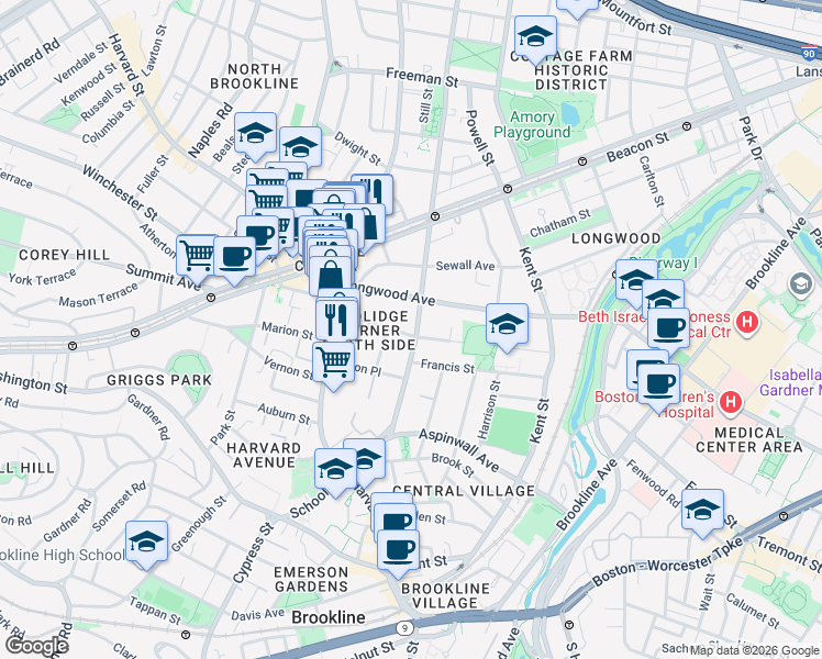 map of restaurants, bars, coffee shops, grocery stores, and more near 118 Saint Paul Street in Brookline