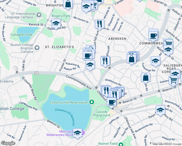 map of restaurants, bars, coffee shops, grocery stores, and more near 186 Chestnut Hill Avenue in Boston
