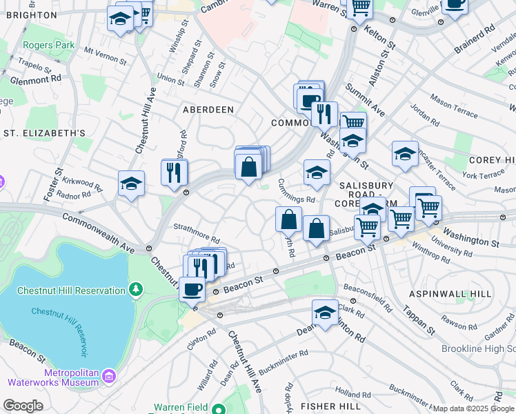 map of restaurants, bars, coffee shops, grocery stores, and more near 59 Lanark Road in Boston