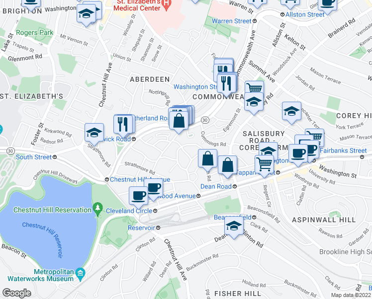 map of restaurants, bars, coffee shops, grocery stores, and more near 113 Kilsyth Road in Boston
