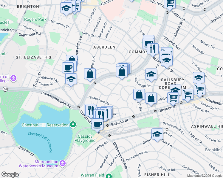map of restaurants, bars, coffee shops, grocery stores, and more near 132 Sutherland Road in Boston