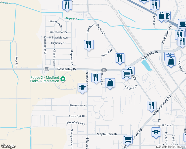 map of restaurants, bars, coffee shops, grocery stores, and more near 569-599 Rossanley Dr in Medford