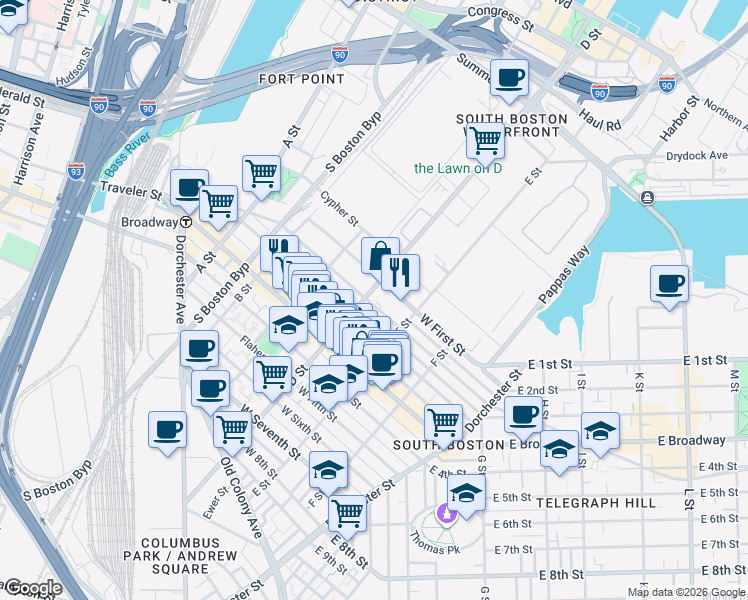 map of restaurants, bars, coffee shops, grocery stores, and more near in Boston