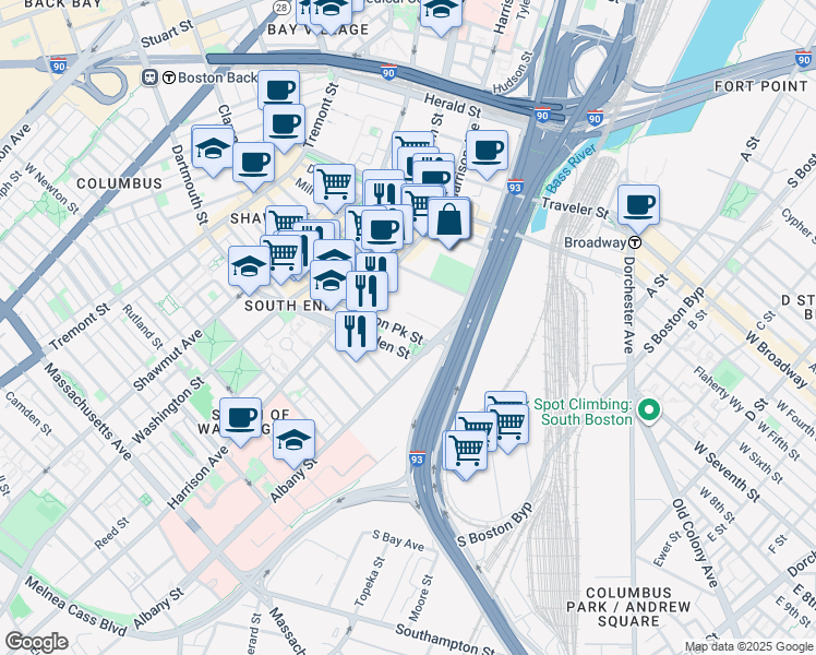 map of restaurants, bars, coffee shops, grocery stores, and more near 580 Harrison Avenue in Boston