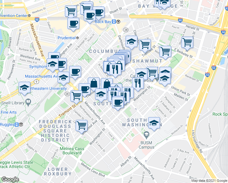 map of restaurants, bars, coffee shops, grocery stores, and more near 86 West Haven Street in Boston