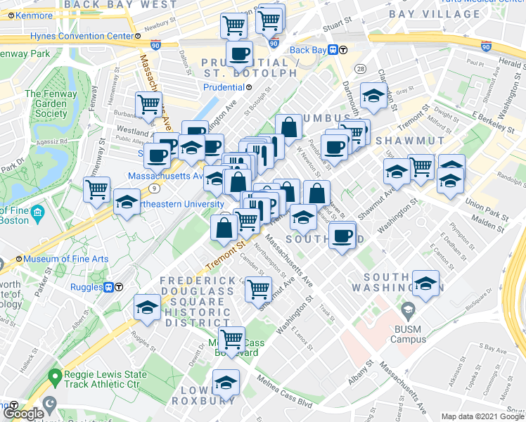 map of restaurants, bars, coffee shops, grocery stores, and more near 212 West Springfield Street in Boston