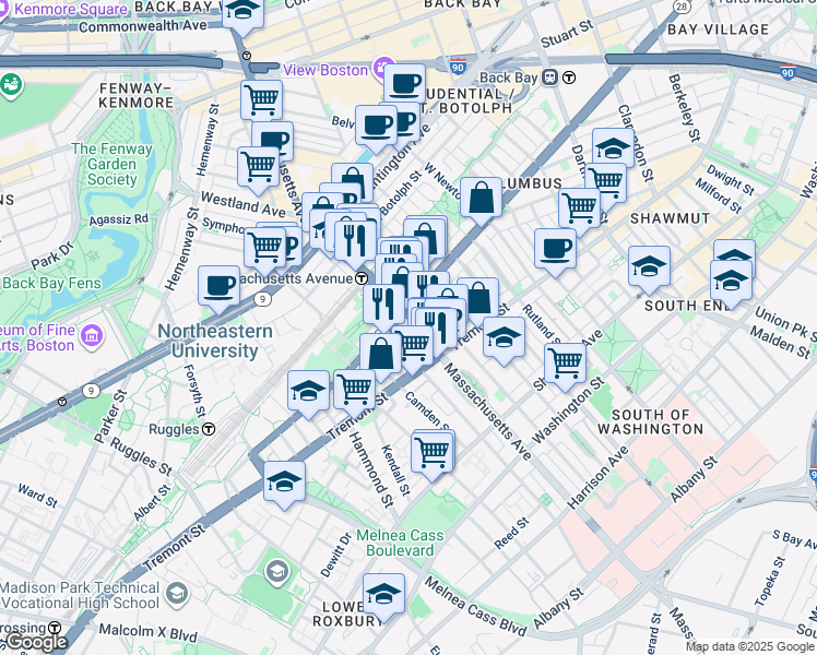 map of restaurants, bars, coffee shops, grocery stores, and more near in Boston
