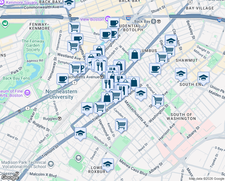 map of restaurants, bars, coffee shops, grocery stores, and more near 586 Columbus Avenue in Boston