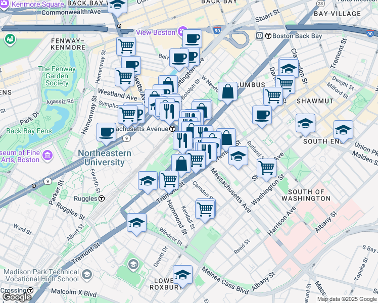 map of restaurants, bars, coffee shops, grocery stores, and more near in Boston
