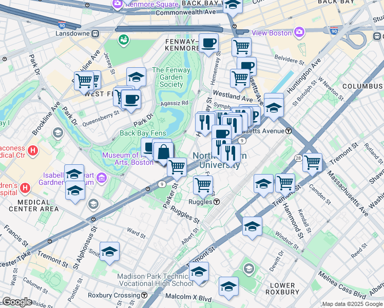 map of restaurants, bars, coffee shops, grocery stores, and more near 359 Huntington Avenue in Boston