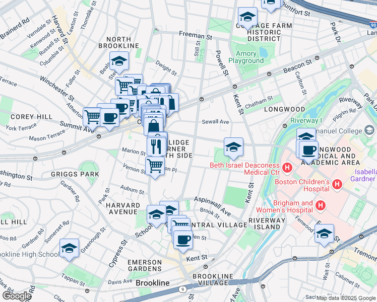map of restaurants, bars, coffee shops, grocery stores, and more near 118 Saint Paul Street in Brookline