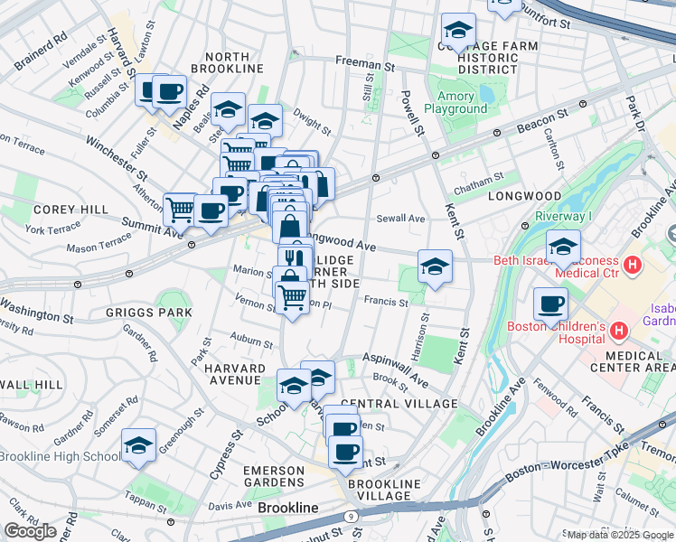 map of restaurants, bars, coffee shops, grocery stores, and more near 20 Stearns Road in Brookline