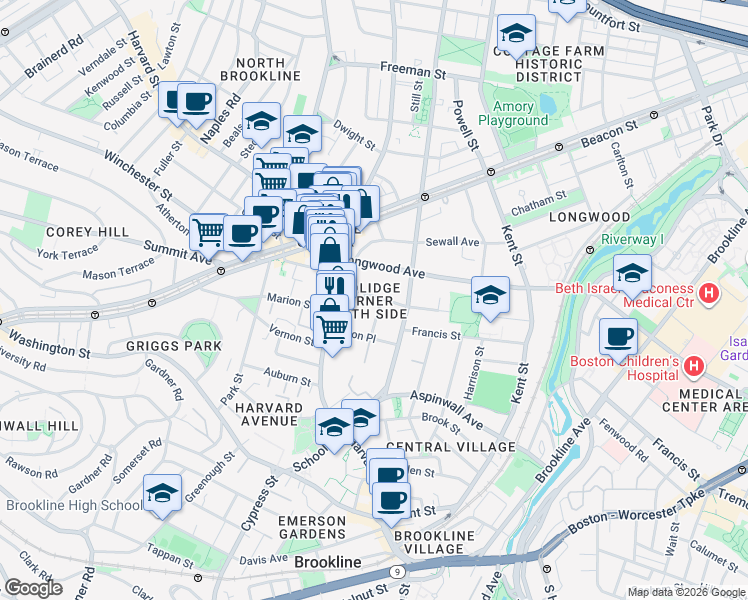 map of restaurants, bars, coffee shops, grocery stores, and more near 20 Stearns Road in Brookline