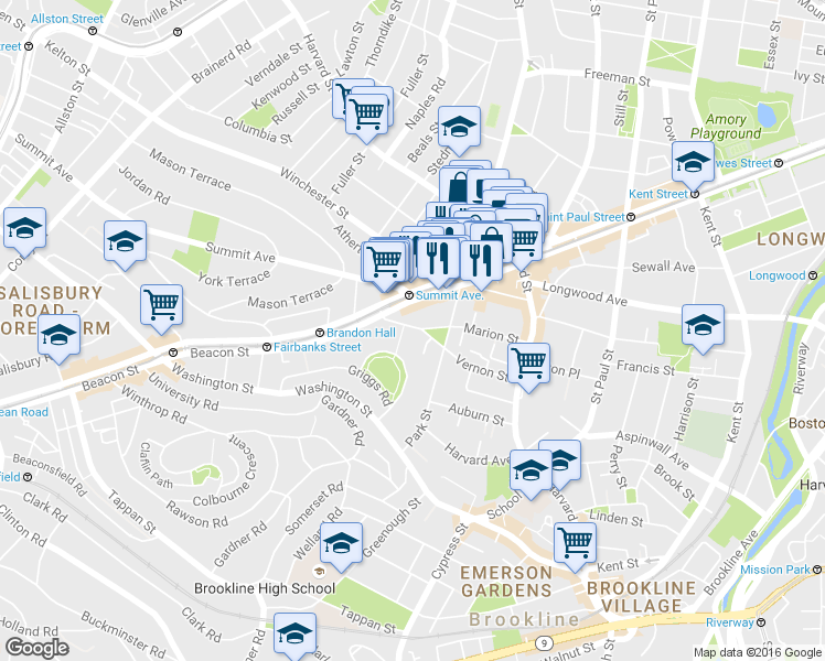 map of restaurants, bars, coffee shops, grocery stores, and more near 89 Marion Street in Brookline
