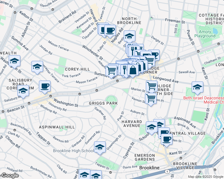 map of restaurants, bars, coffee shops, grocery stores, and more near 1443 Beacon Street in Brookline