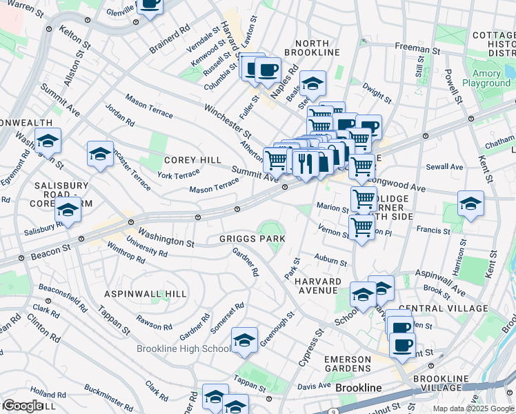 map of restaurants, bars, coffee shops, grocery stores, and more near 1443 Beacon Street in Brookline