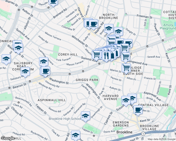 map of restaurants, bars, coffee shops, grocery stores, and more near 1476 Beacon Street in Brookline