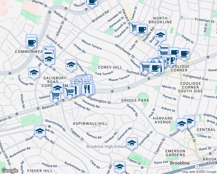 map of restaurants, bars, coffee shops, grocery stores, and more near in Brookline