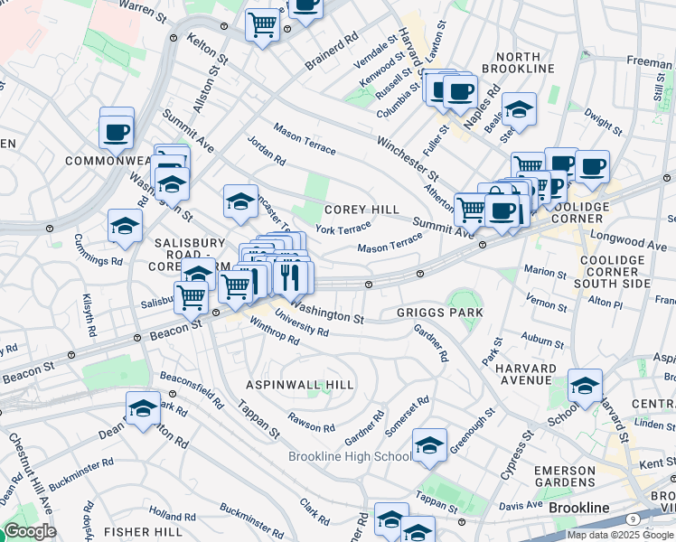 map of restaurants, bars, coffee shops, grocery stores, and more near 5 Mason Terrace in Brookline