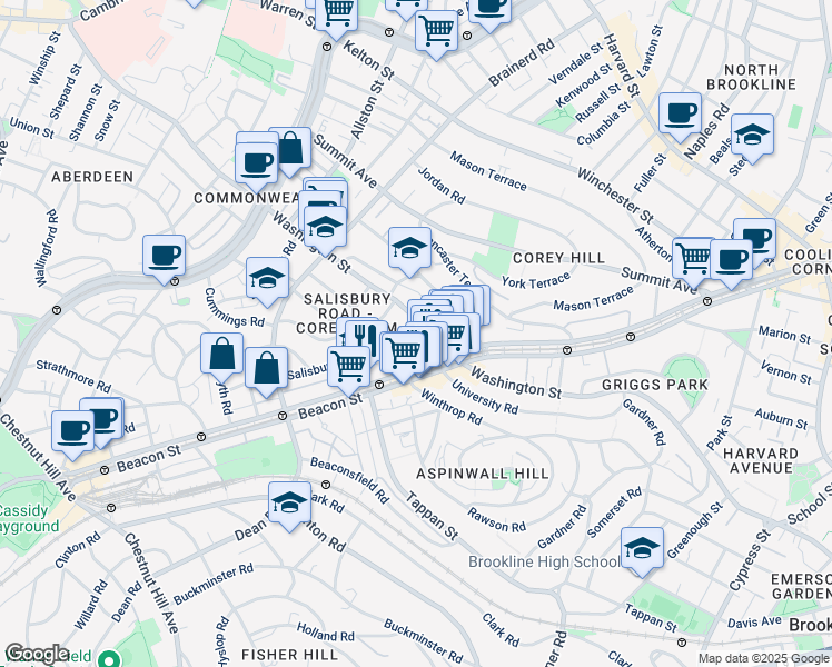 map of restaurants, bars, coffee shops, grocery stores, and more near 750 Washington Street in Brookline