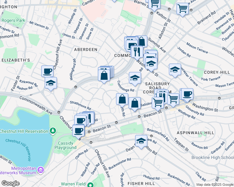map of restaurants, bars, coffee shops, grocery stores, and more near 36 Cummings Road in Boston