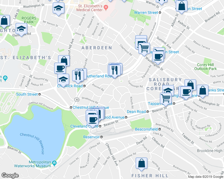 map of restaurants, bars, coffee shops, grocery stores, and more near 98 Lanark Road in Boston